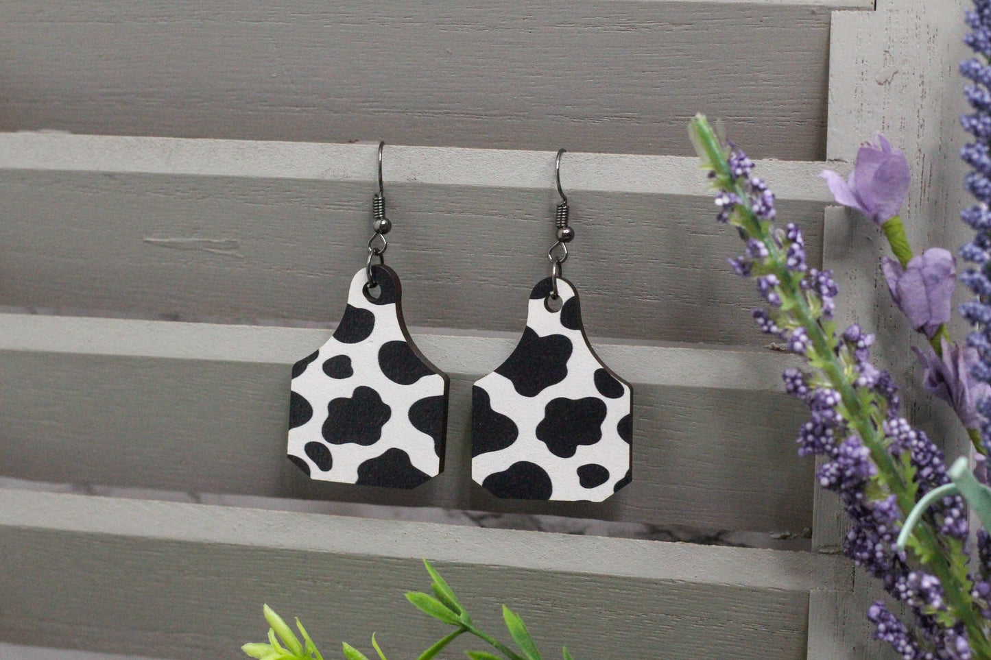 Cow Print Tag Wooden Earrings