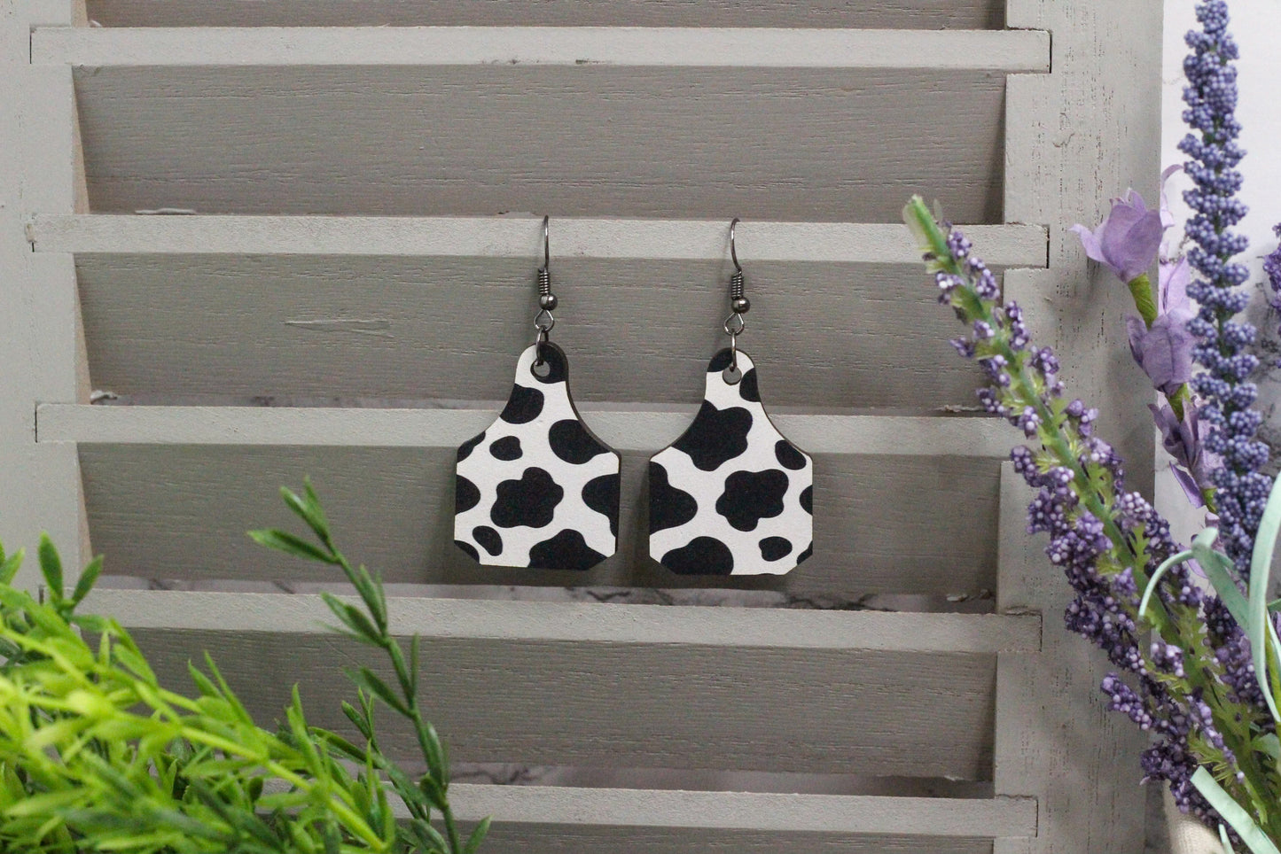 Cow Print Tag Wooden Earrings