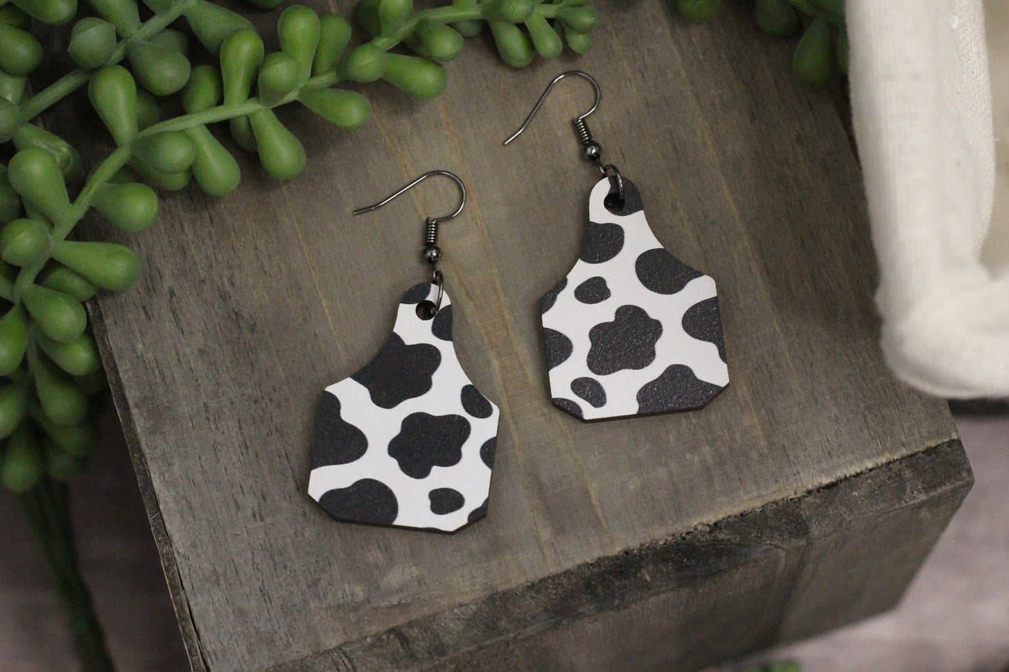 Cow Print Tag Wooden Earrings