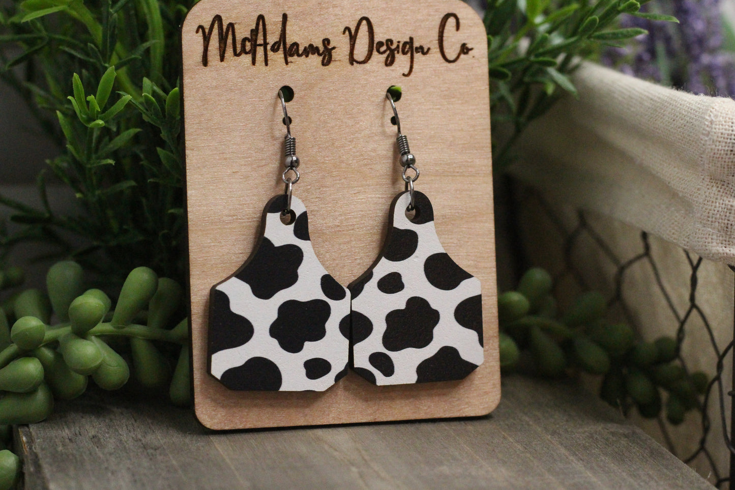 Cow Print Tag Wooden Earrings