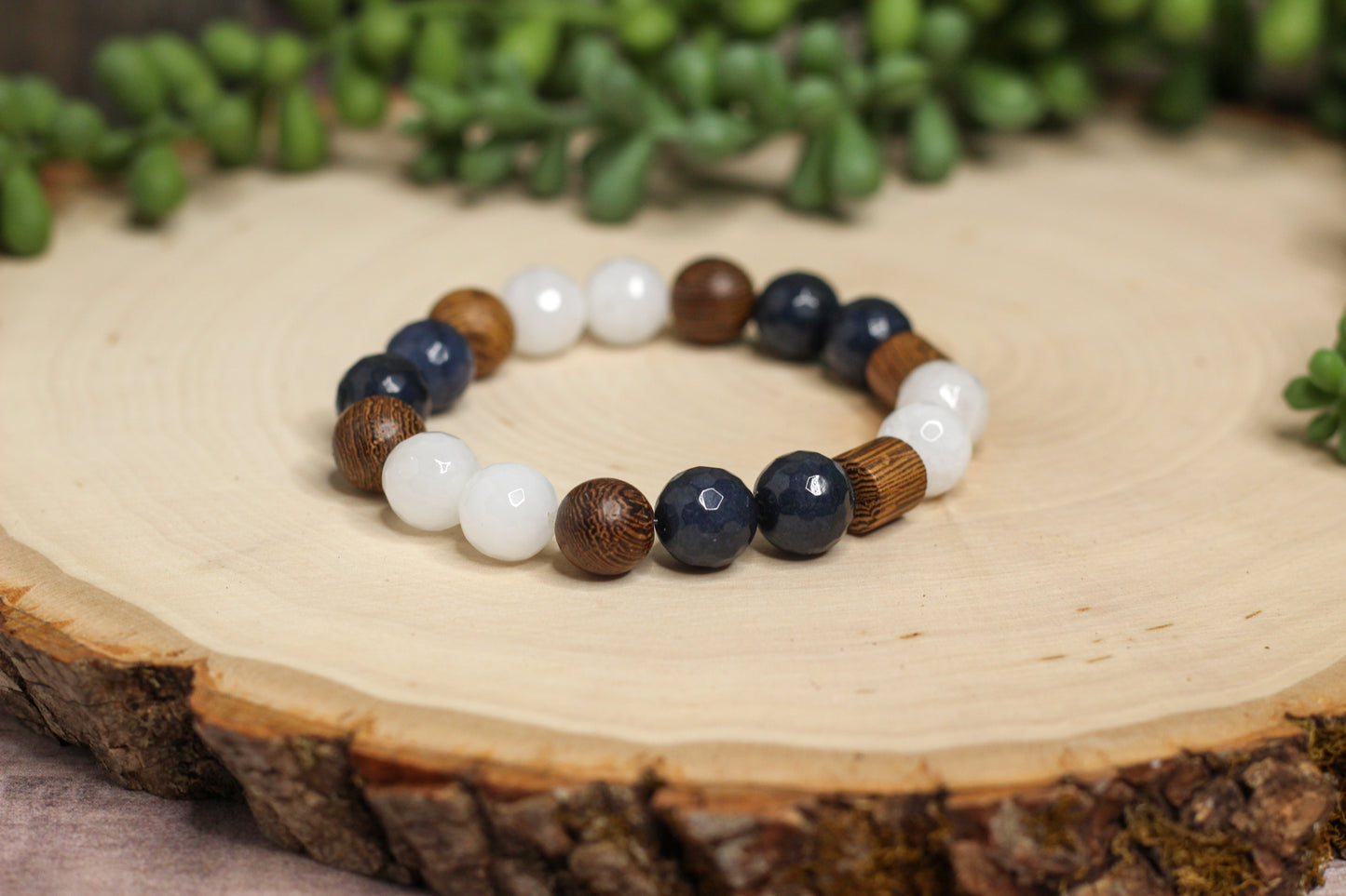 Chunky Navy & Wood Bracelet