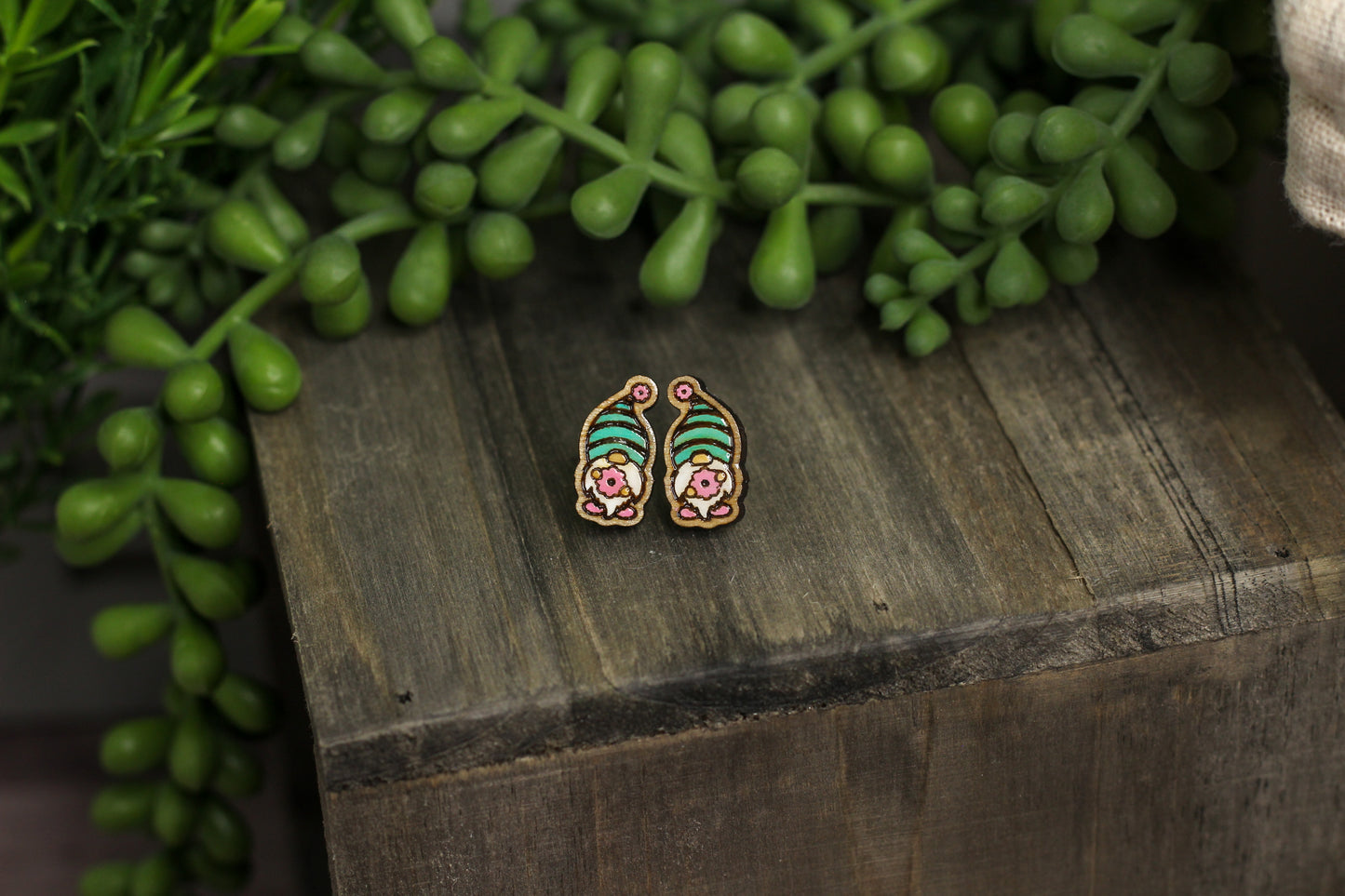 Flower Gnome Wooden Stud Earrings