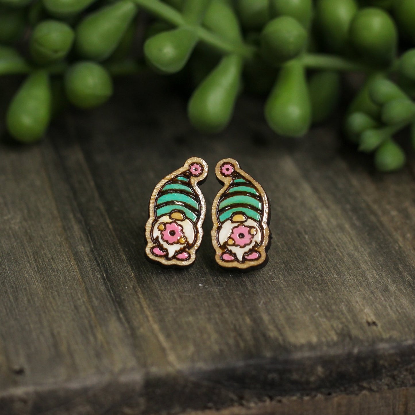 Flower Gnome Wooden Stud Earrings