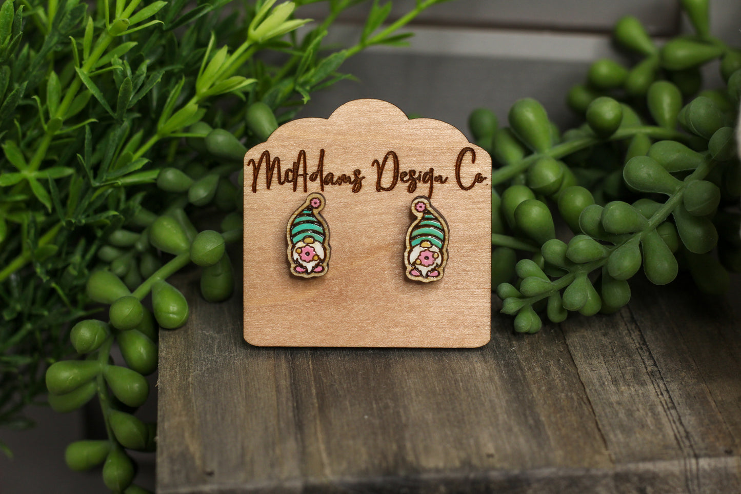 Flower Gnome Wooden Stud Earrings