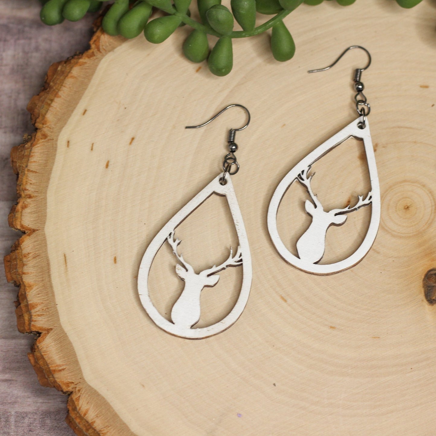White Reindeer Wooden Earrings