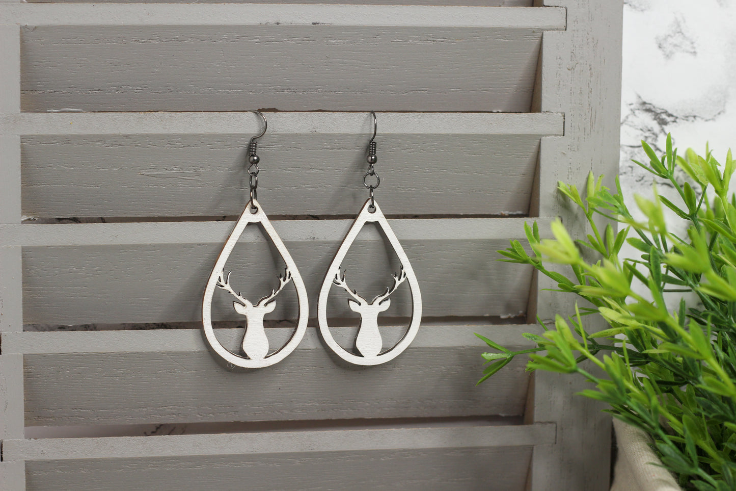 White Reindeer Wooden Earrings