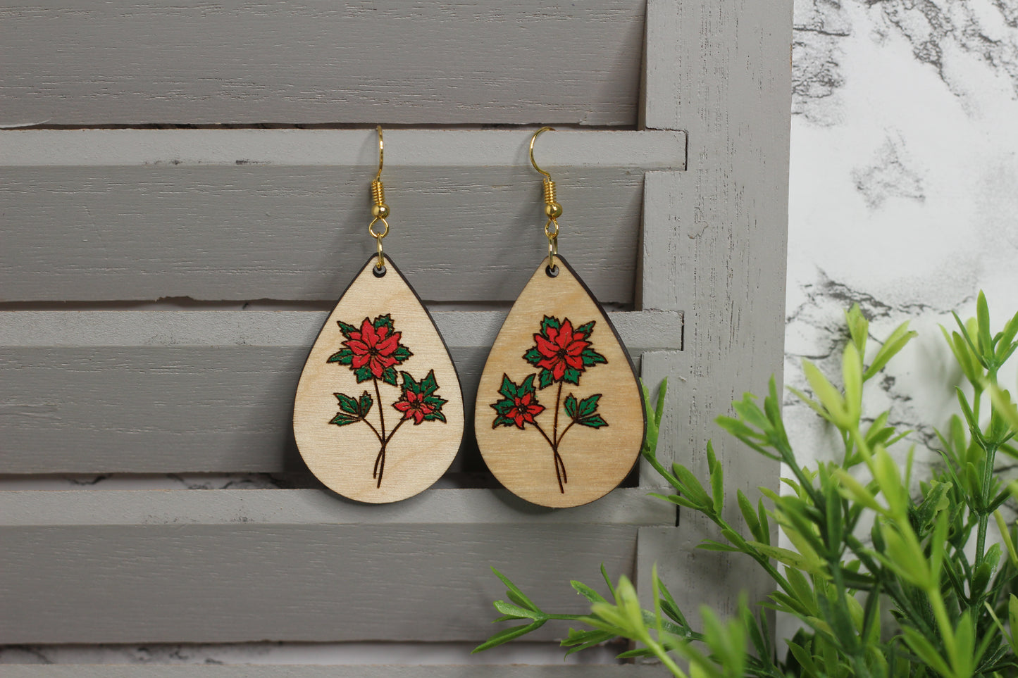 Poinsettia Wooden Earrings