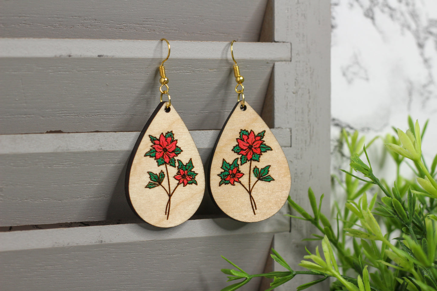 Poinsettia Wooden Earrings