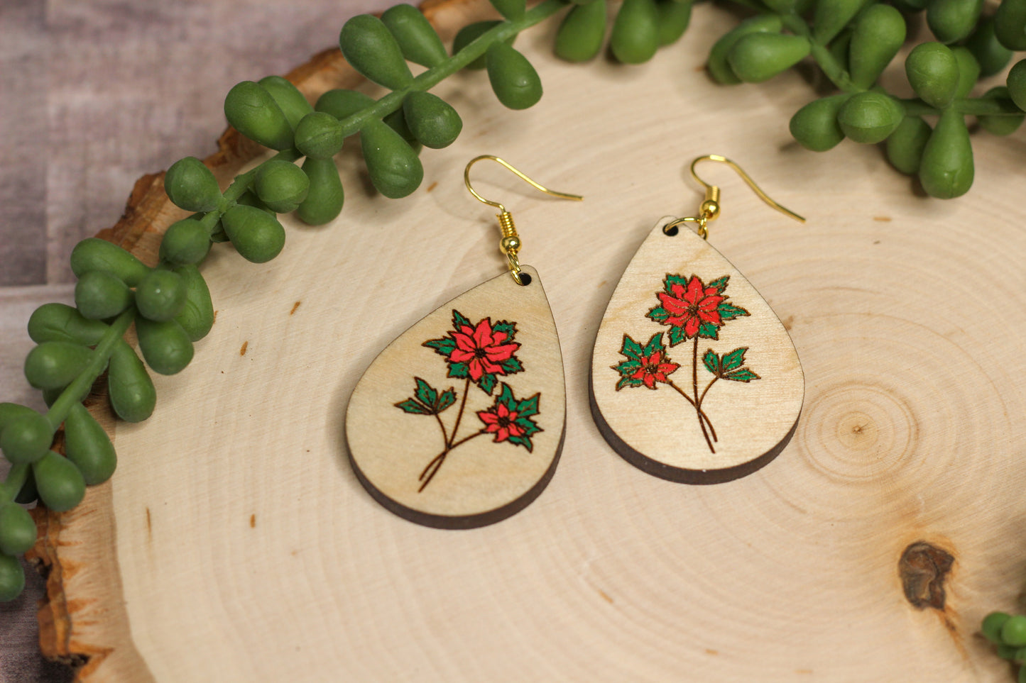 Poinsettia Wooden Earrings