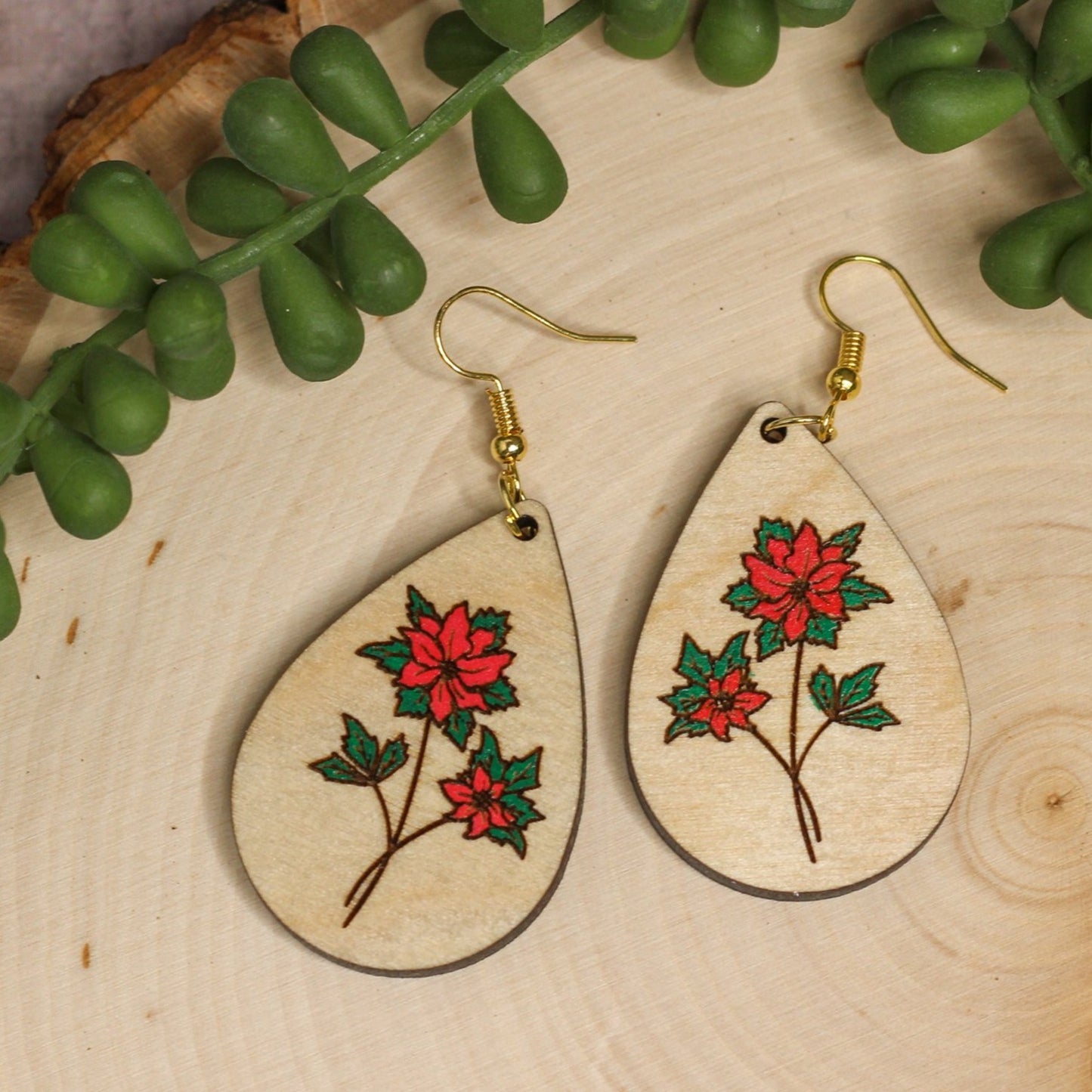 Poinsettia Wooden Earrings