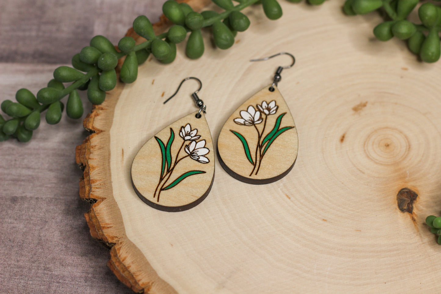 Snow Drop Wooden Earrings