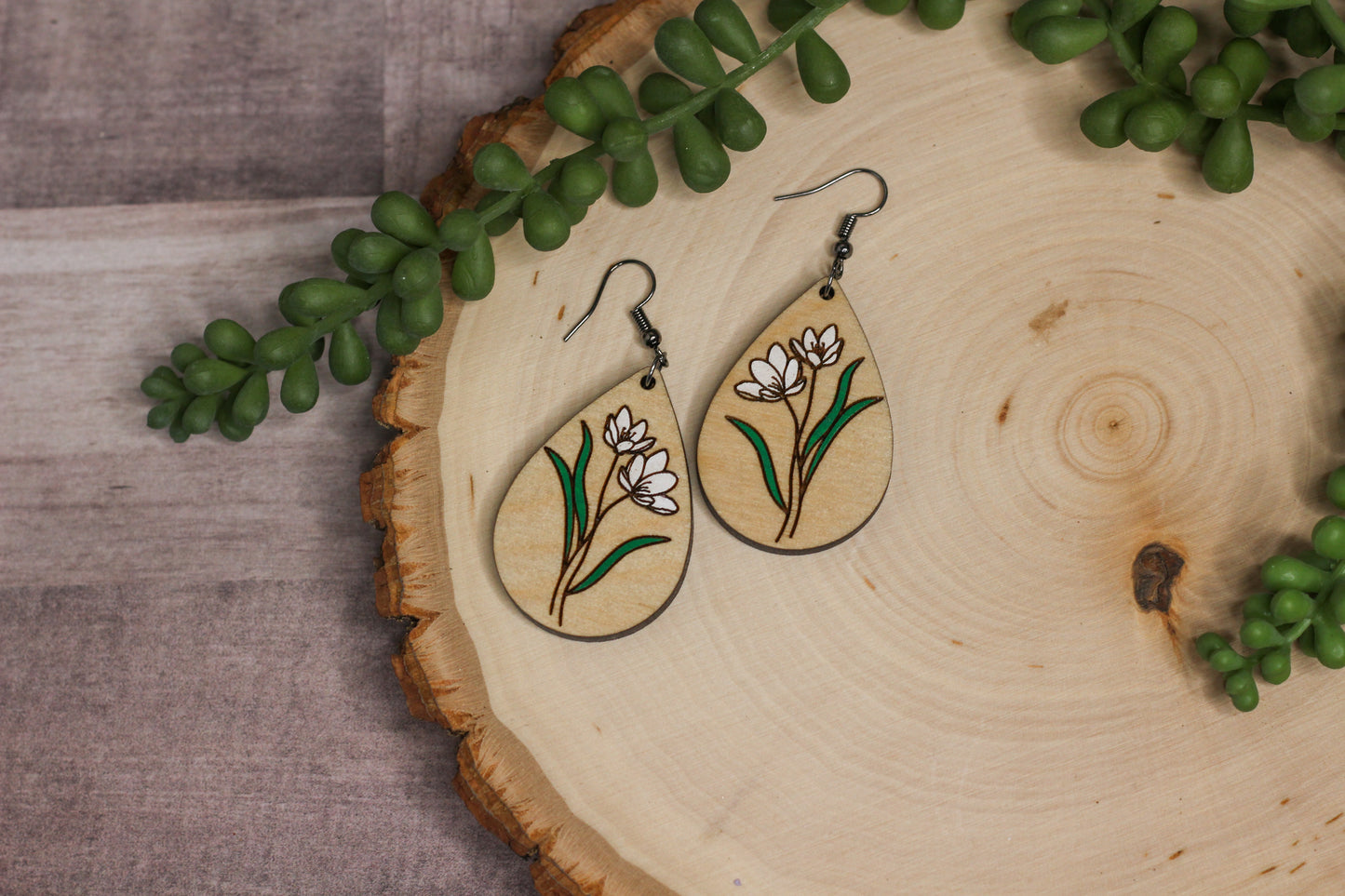 Snow Drop Wooden Earrings