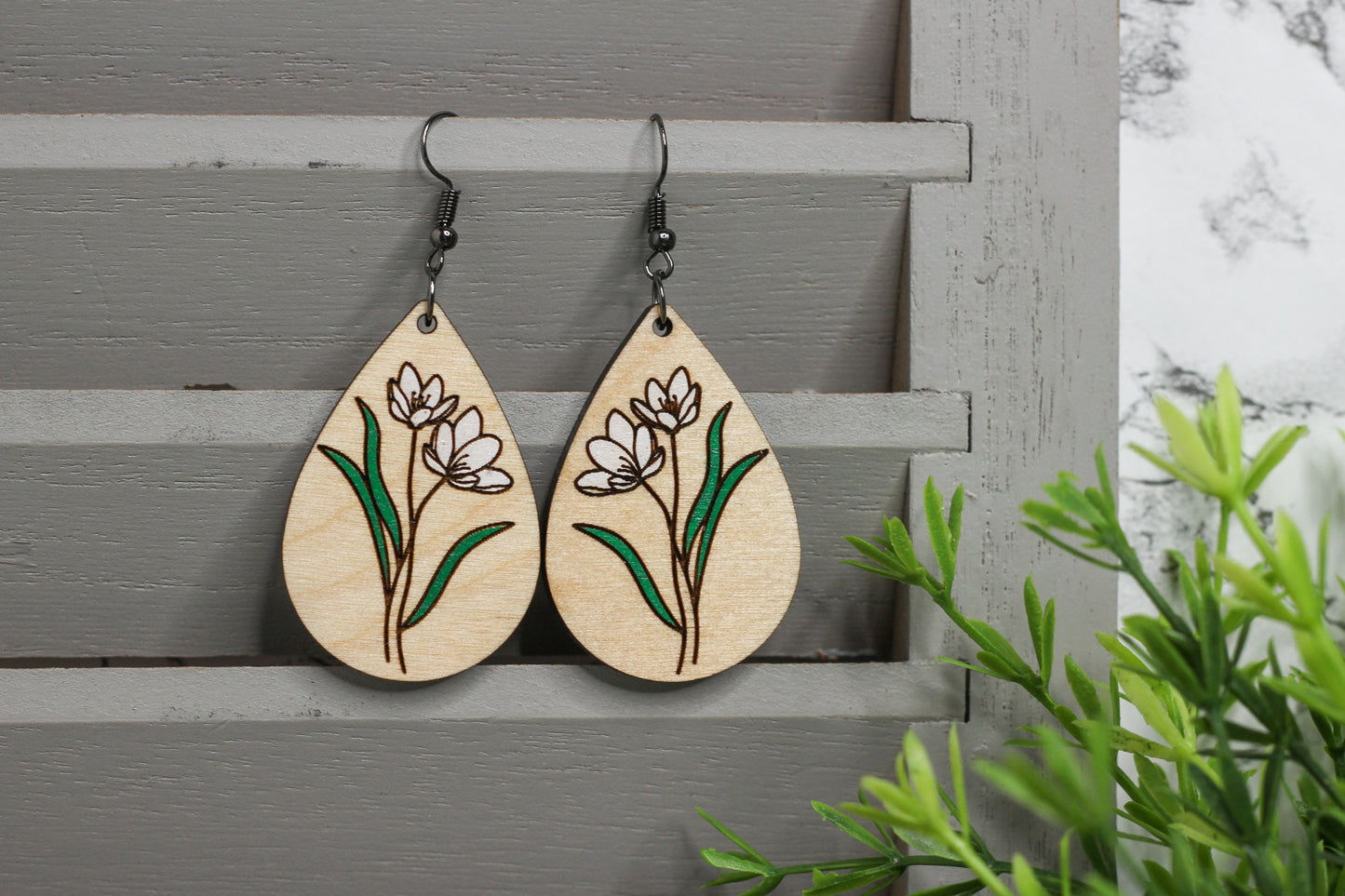 Snow Drop Wooden Earrings