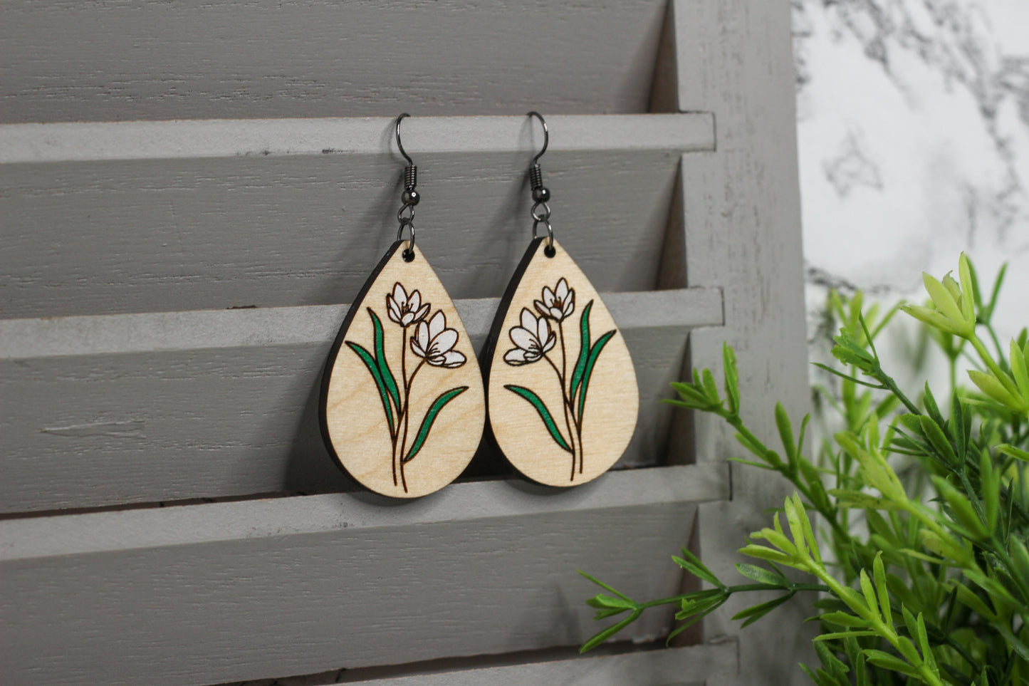 Snow Drop Wooden Earrings