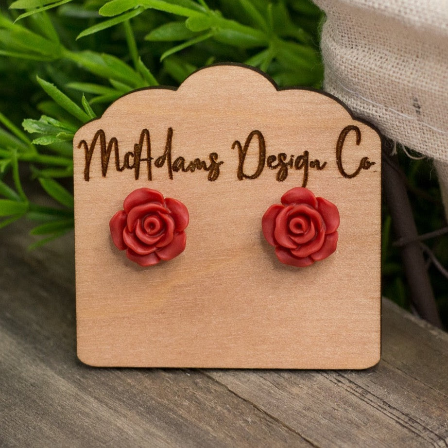 Matte Deep Red Rose Stud