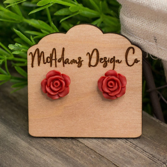 Matte Deep Red Rose Stud