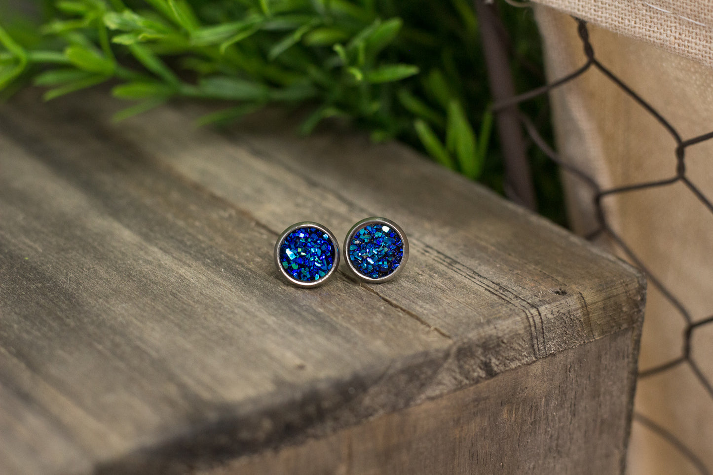Mini Deep Blue Druzy Studs