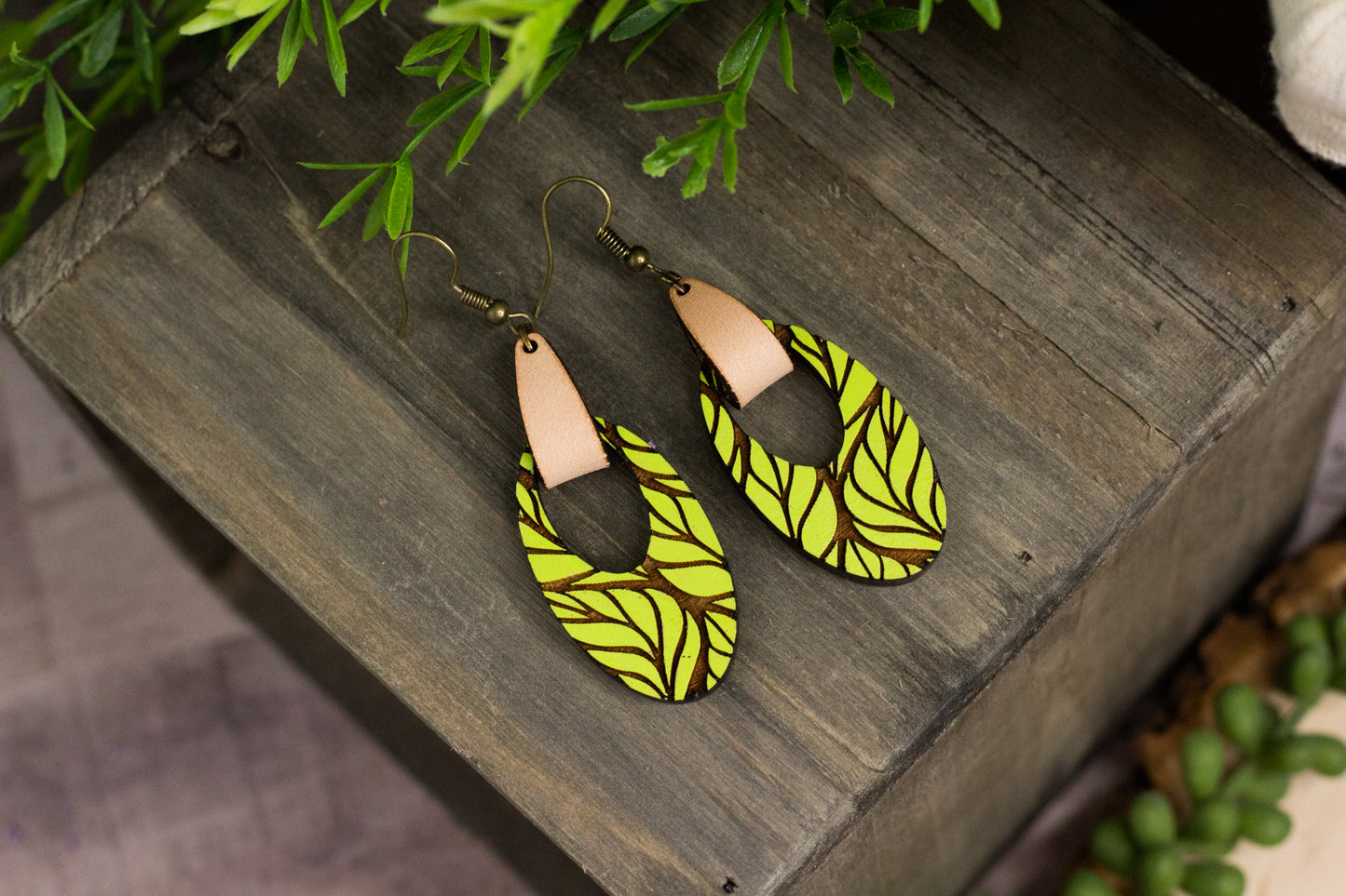 Painted Leafy Wooden Earrings