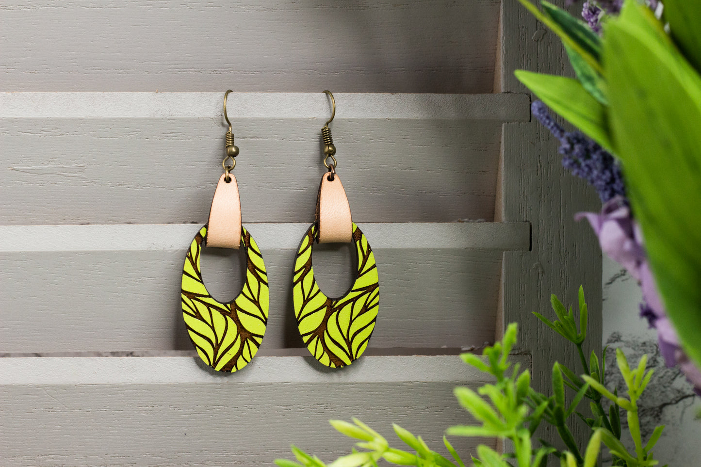 Painted Leafy Wooden Earrings