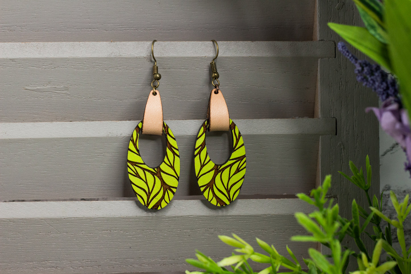 Painted Leafy Wooden Earrings