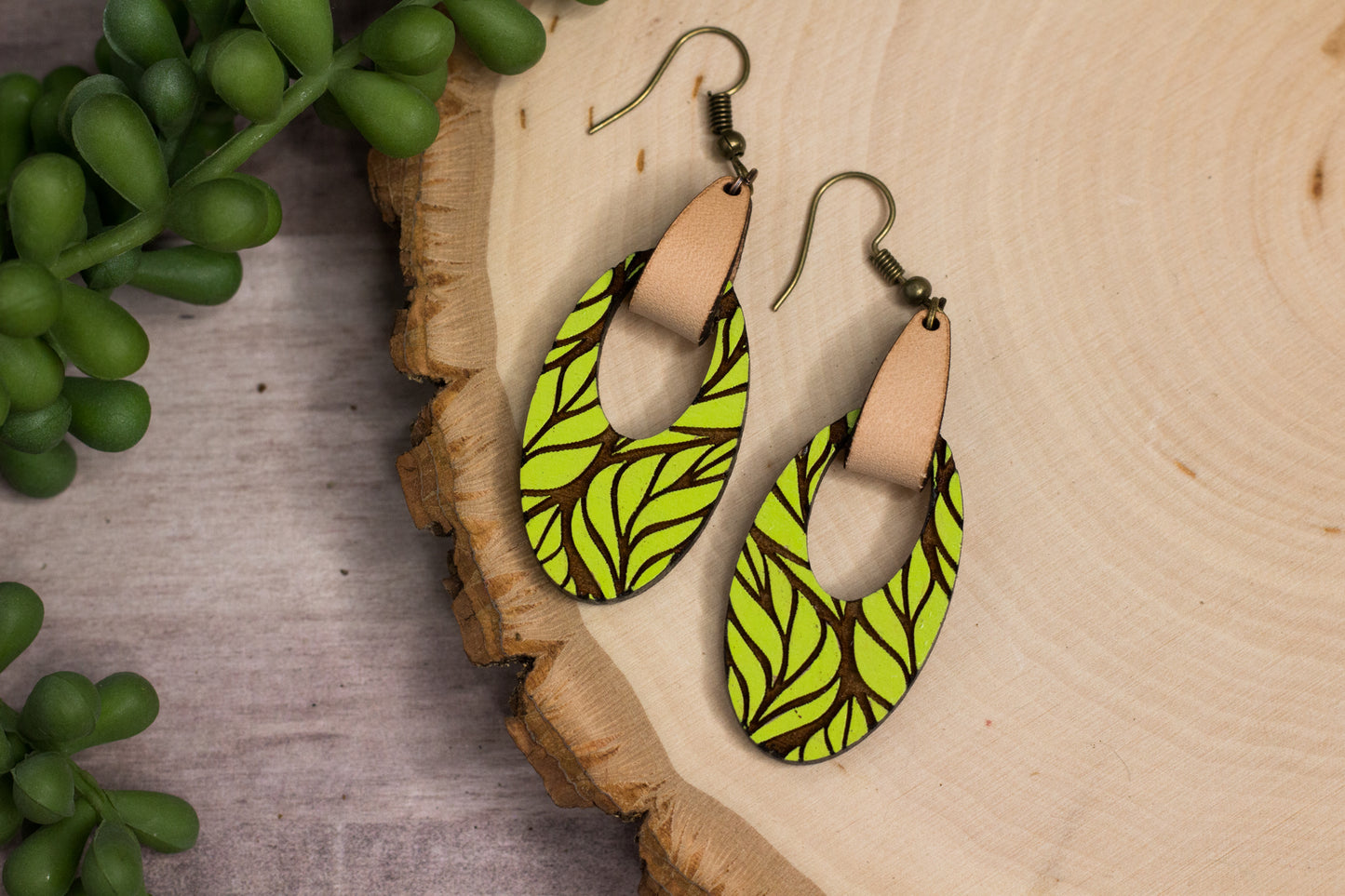 Painted Leafy Wooden Earrings