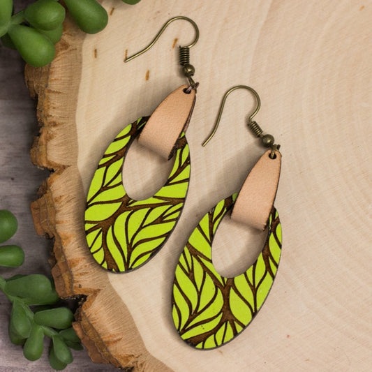 Painted Leafy Wooden Earrings