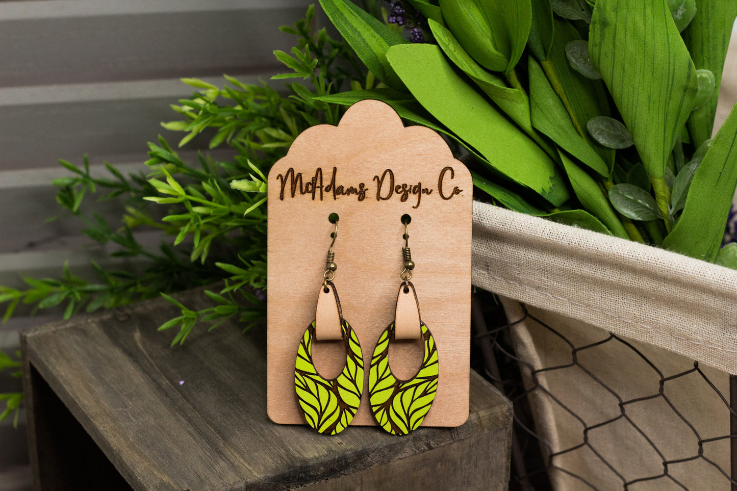Painted Leafy Wooden Earrings