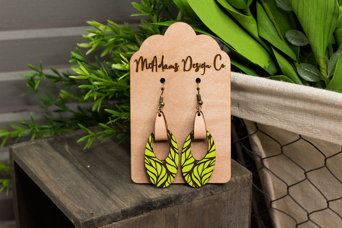 Painted Leafy Wooden Earrings