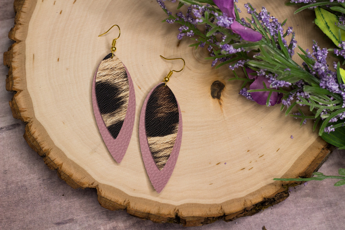 Mauve & Cheetah Skinny Faux Leather Earrings