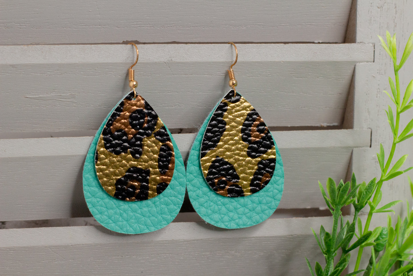 Cheetah Print and Turquoise Faux Leather Earrings