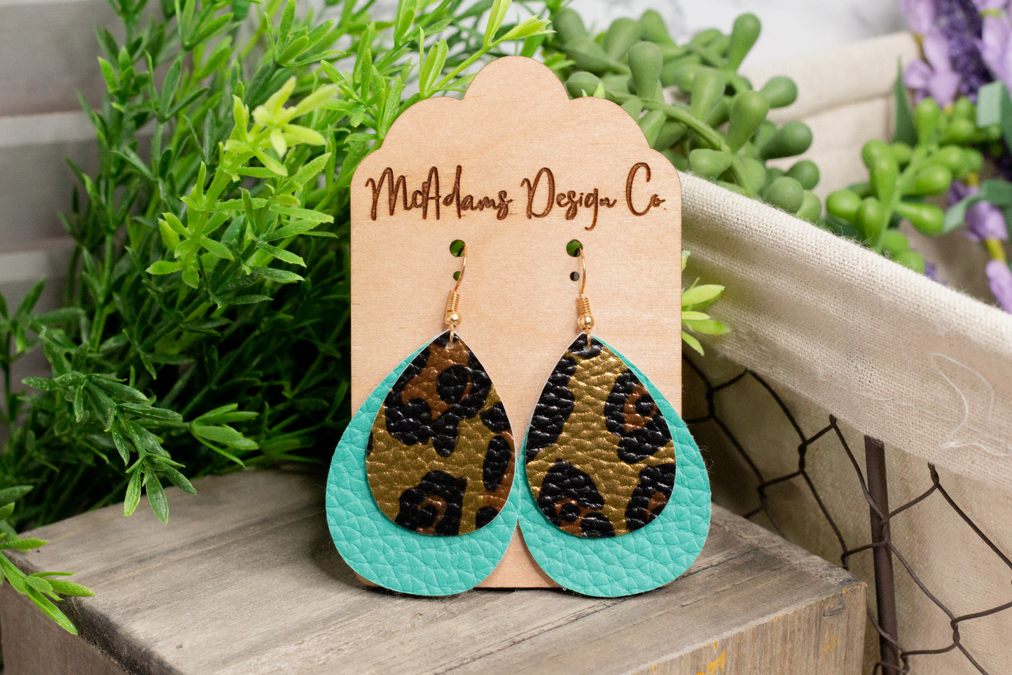 Cheetah Print and Turquoise Faux Leather Earrings
