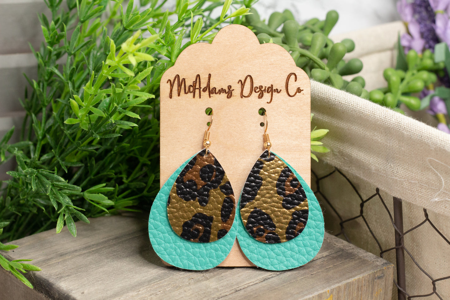 Cheetah Print and Turquoise Faux Leather Earrings