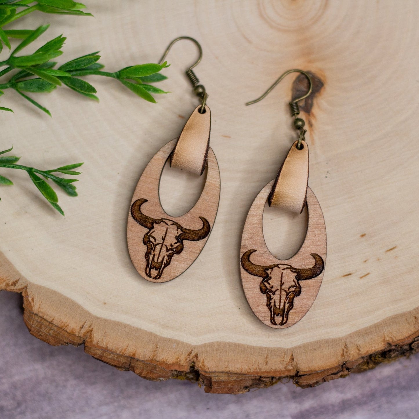 Cow Skull Wooden Earrings