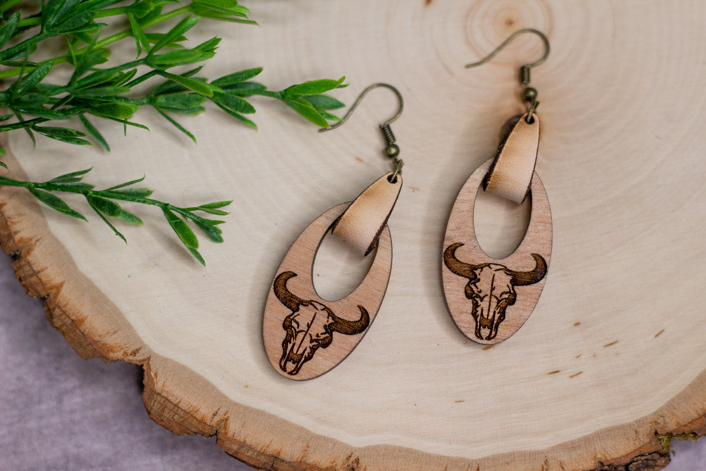 Cow Skull Wooden Earrings