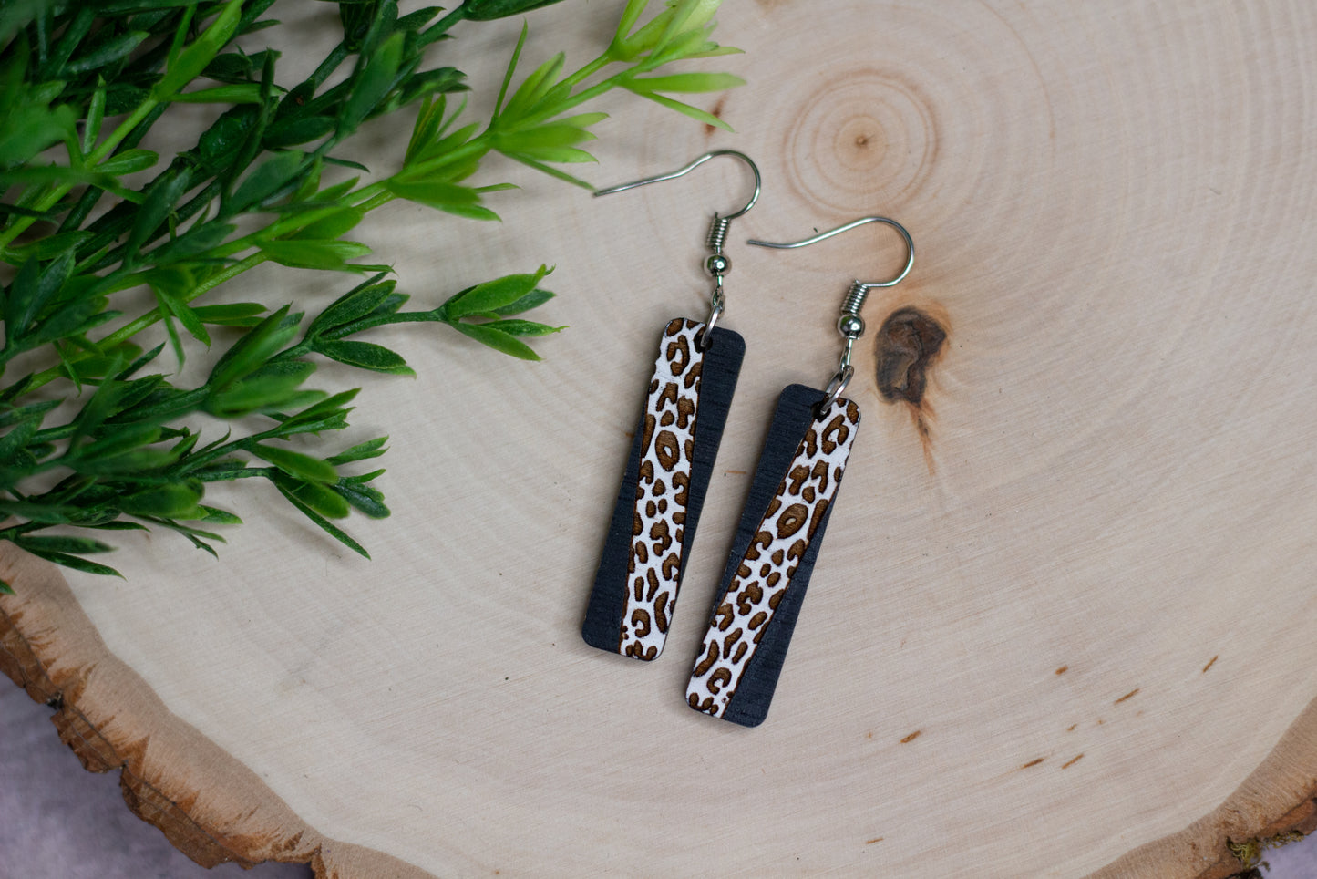 Diagonal Leopard Geo Bar Earrings