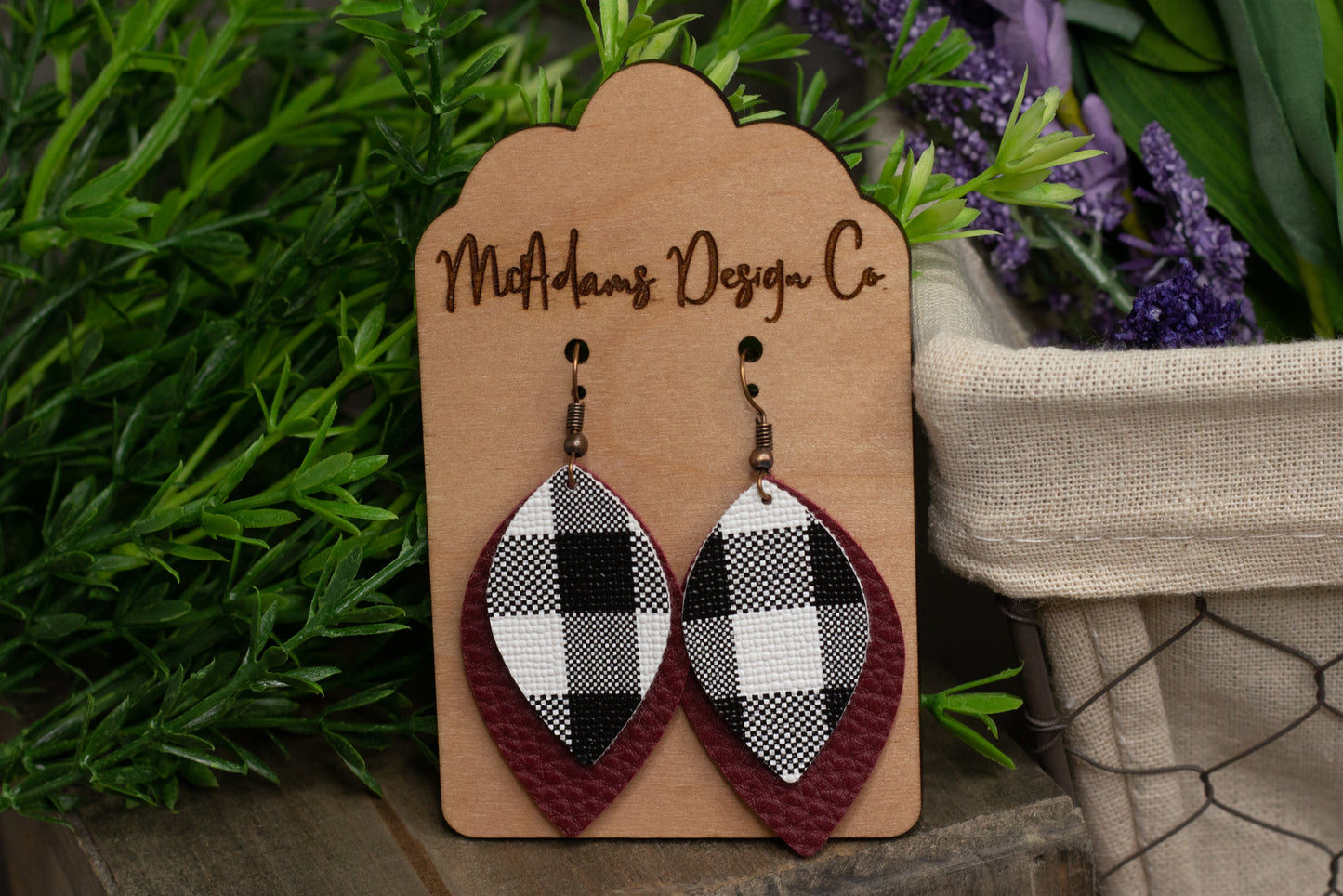 Plaid & Maroon Faux Leather Earrings