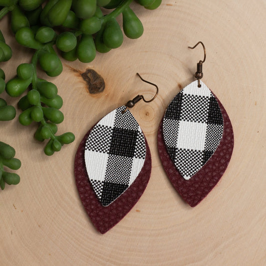 Plaid & Maroon Faux Leather Earrings