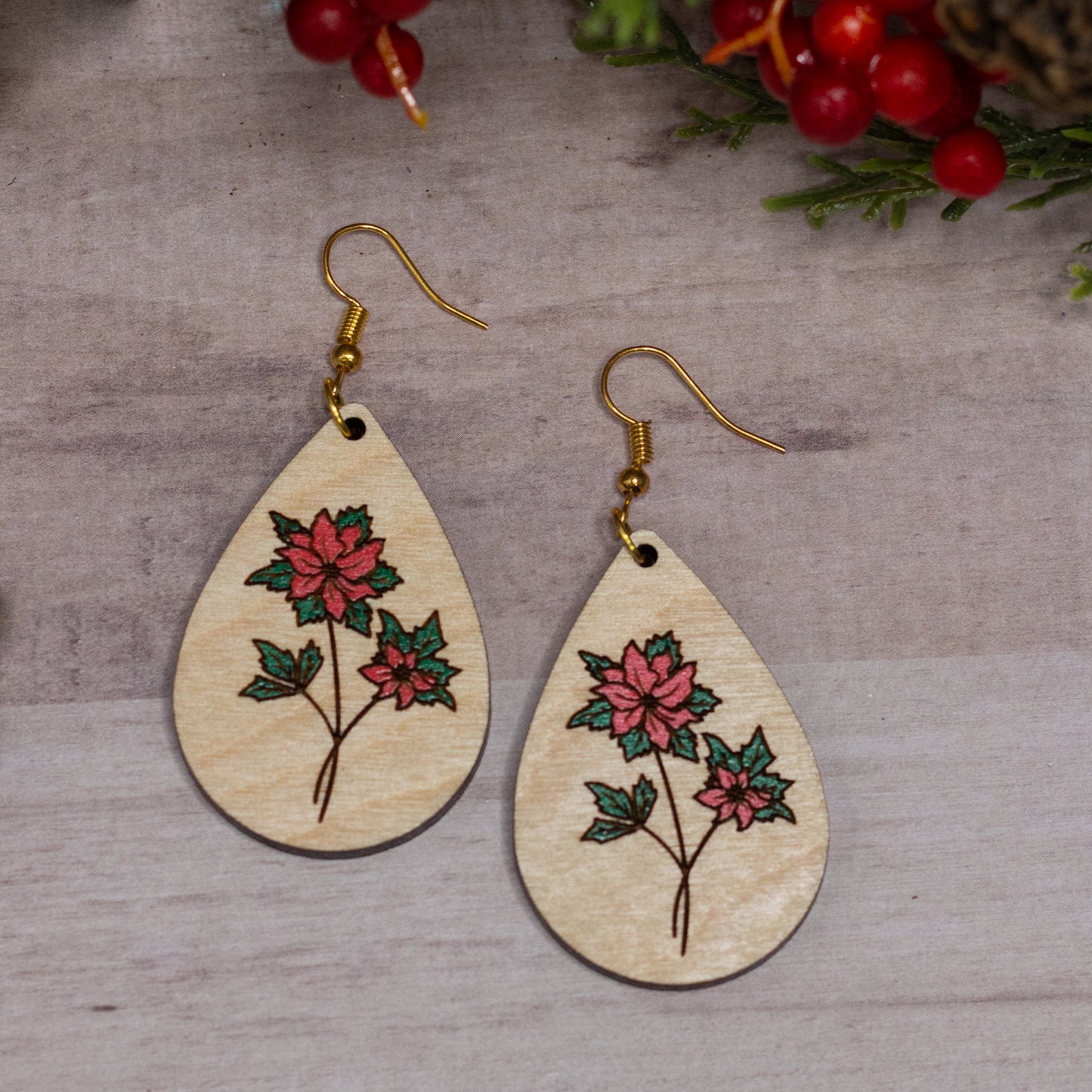 Poinsettia Wooden Earrings