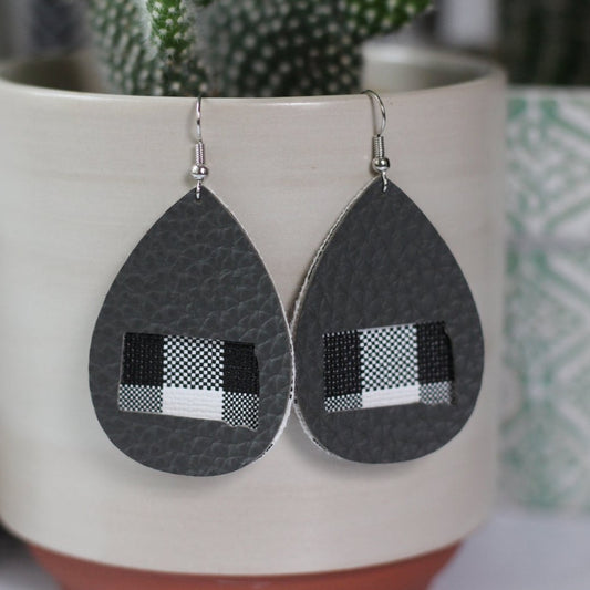South Dakota Grey & Buffalo Plaid Faux Leather Earrings