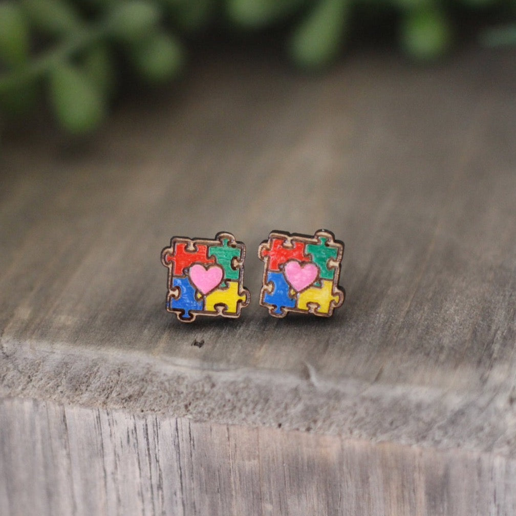 Autism Awareness Wooden Stud Earrings