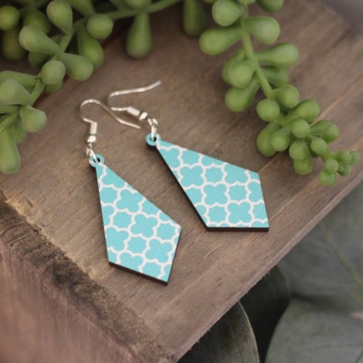 Teal Quatrefoil Wooden Earrings