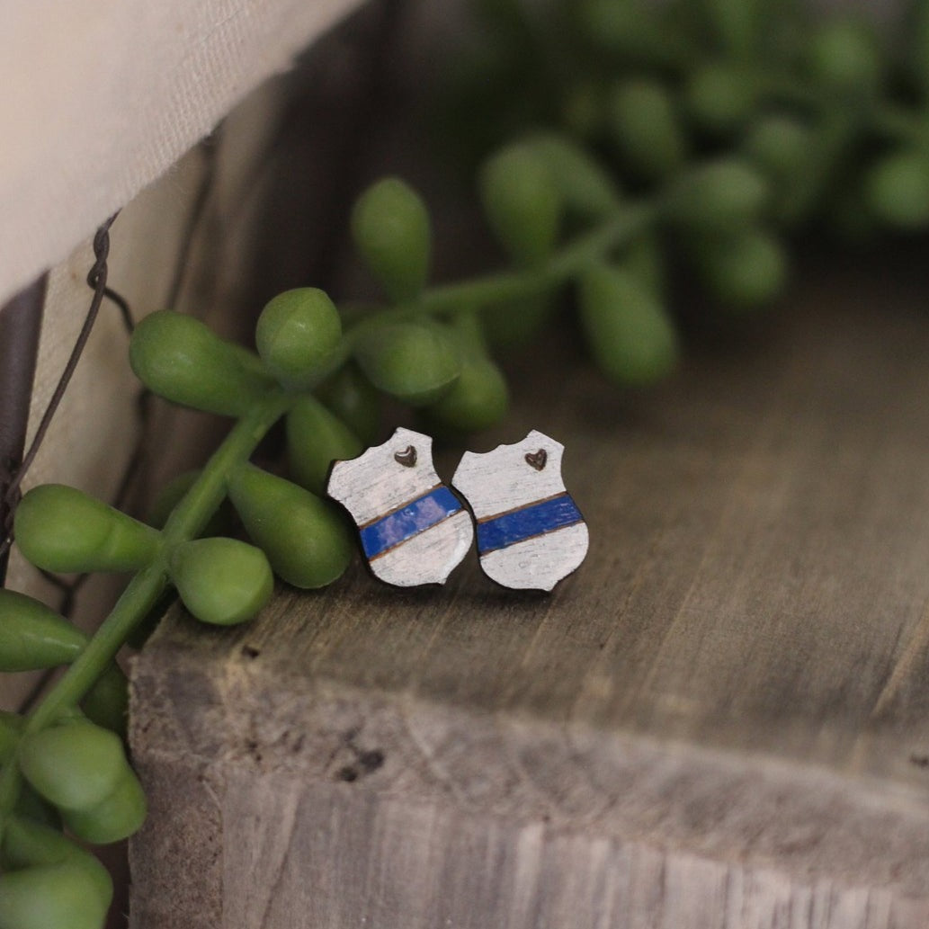Blue Line Wooden Stud Earrings
