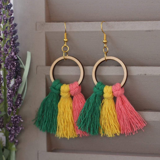 Wooden Hoop Rainbow Macrame Earrings