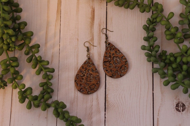 Glitter Leopard Engraved Wooden Earrings