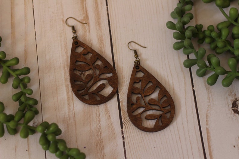 Walnut Teardrop Wooden Cutout Earrings