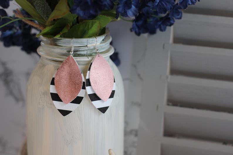 Striped and Pink Faux Leather Earrings