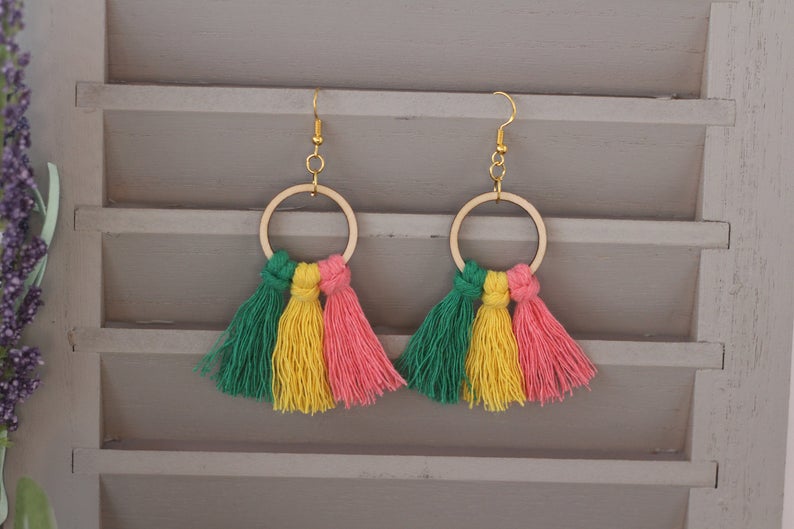 Wooden Hoop Rainbow Macrame Earrings