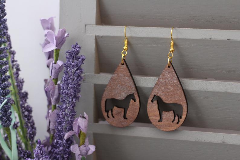 Walnut Wooden Horse Silhouette Earrings