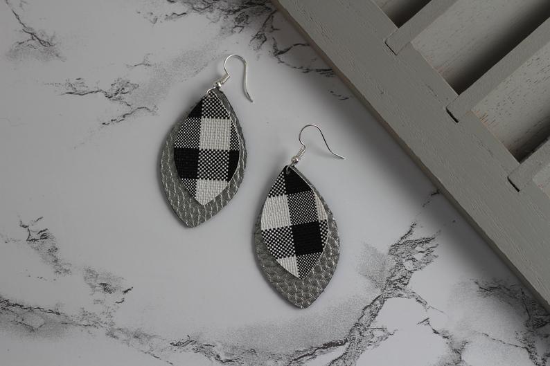Silver & Plaid Faux Leather Earrings