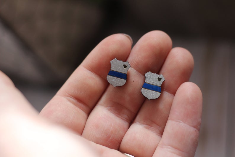 Blue Line Wooden Stud Earrings